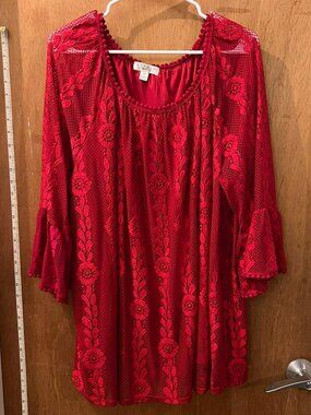 Size 2X - Studio - Red 3/4 Sleeve Pullover Blouse